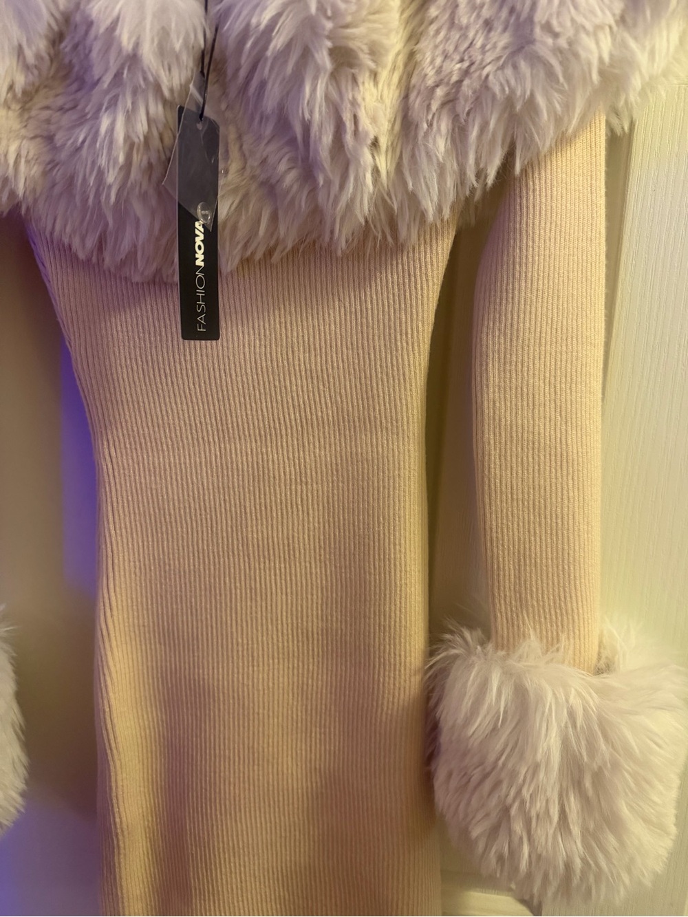 Fashion Nova Cream Off-the-Shoulder Ribbed Sweater with Faux Fur Trim
